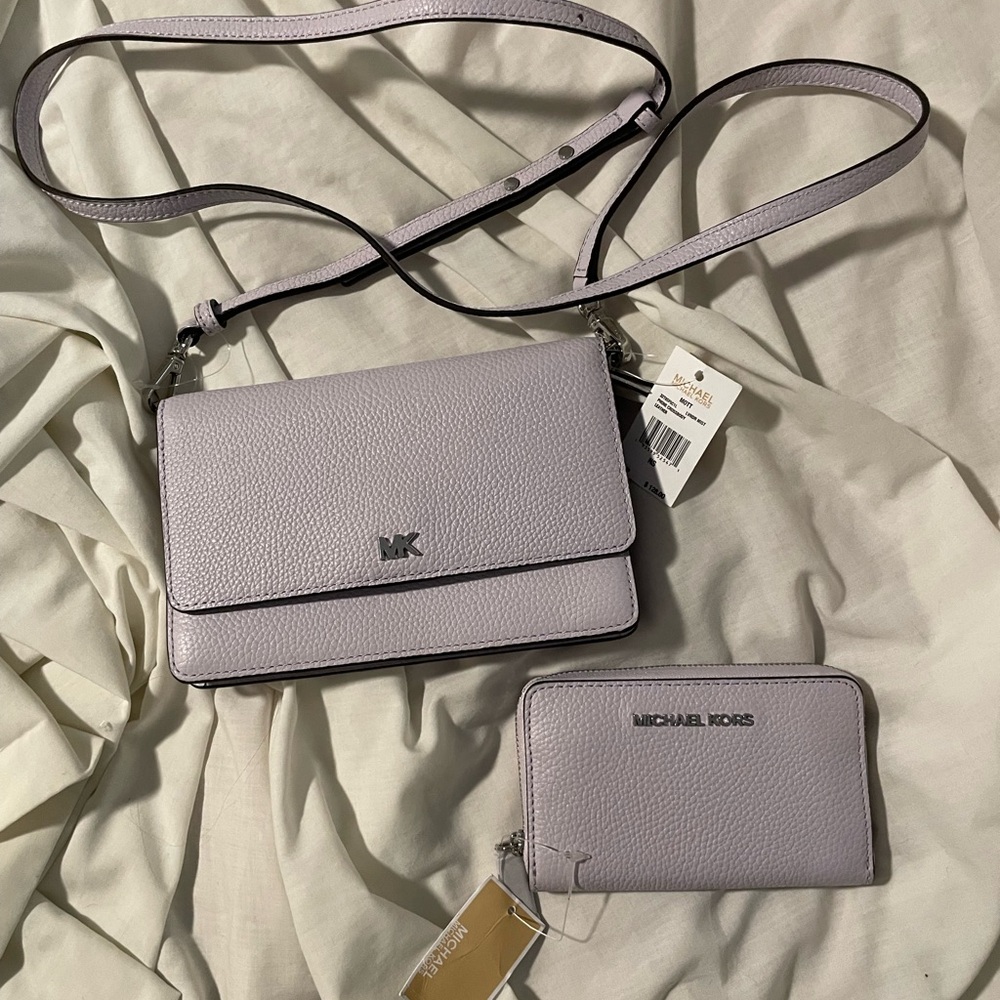 Michael Kors Lavender Crossbody Bag and Wallet Set Pebbled Leather Lilac MK NWT
